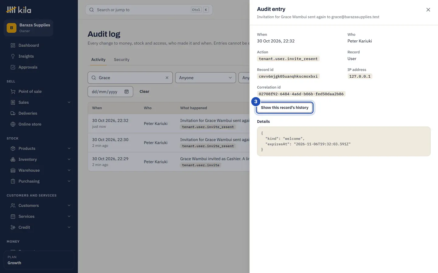 An audit entry: when, who, the action, the record, the IP address and the details. Show this record's history is marked 3.