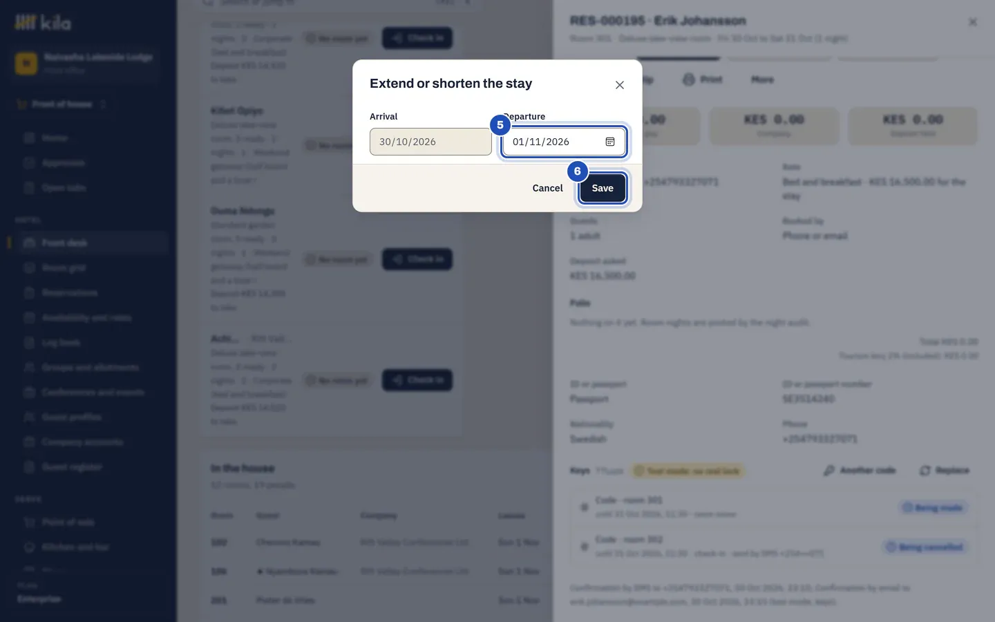 Extend or shorten the stay: the Departure moved a night later (5), and Save (6).