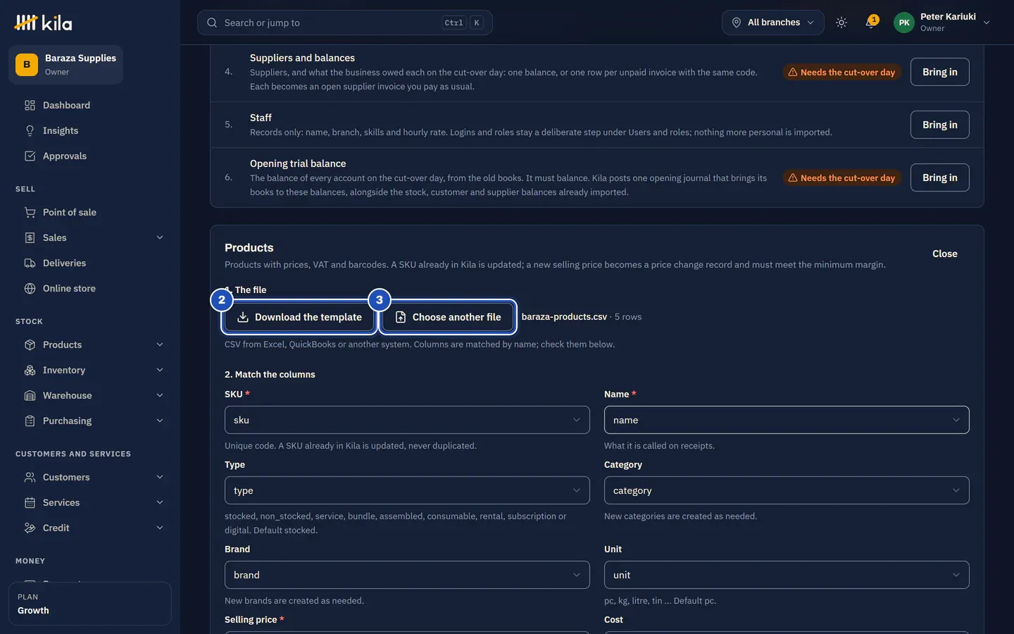 Products: Download the template (2), and the file baraza-products.csv chosen with 5 rows, next to Choose another file (3).
