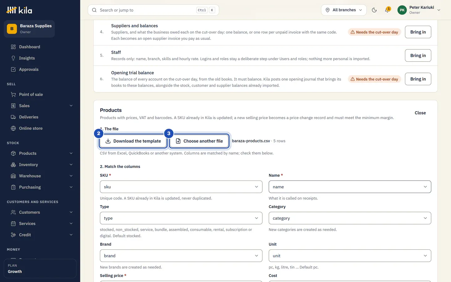 Products: Download the template (2), and the file baraza-products.csv chosen with 5 rows, next to Choose another file (3).