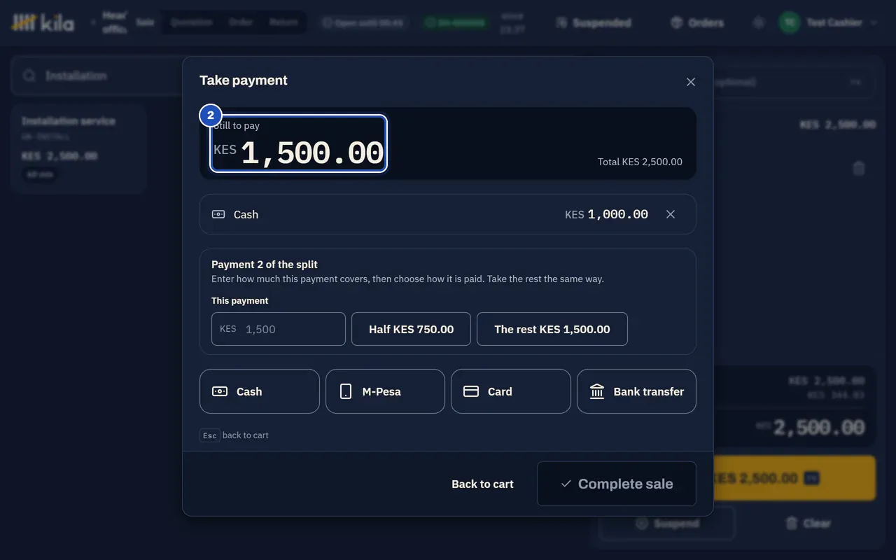 The payment open again on the installation: Still to pay KES 1,500.00 (2).