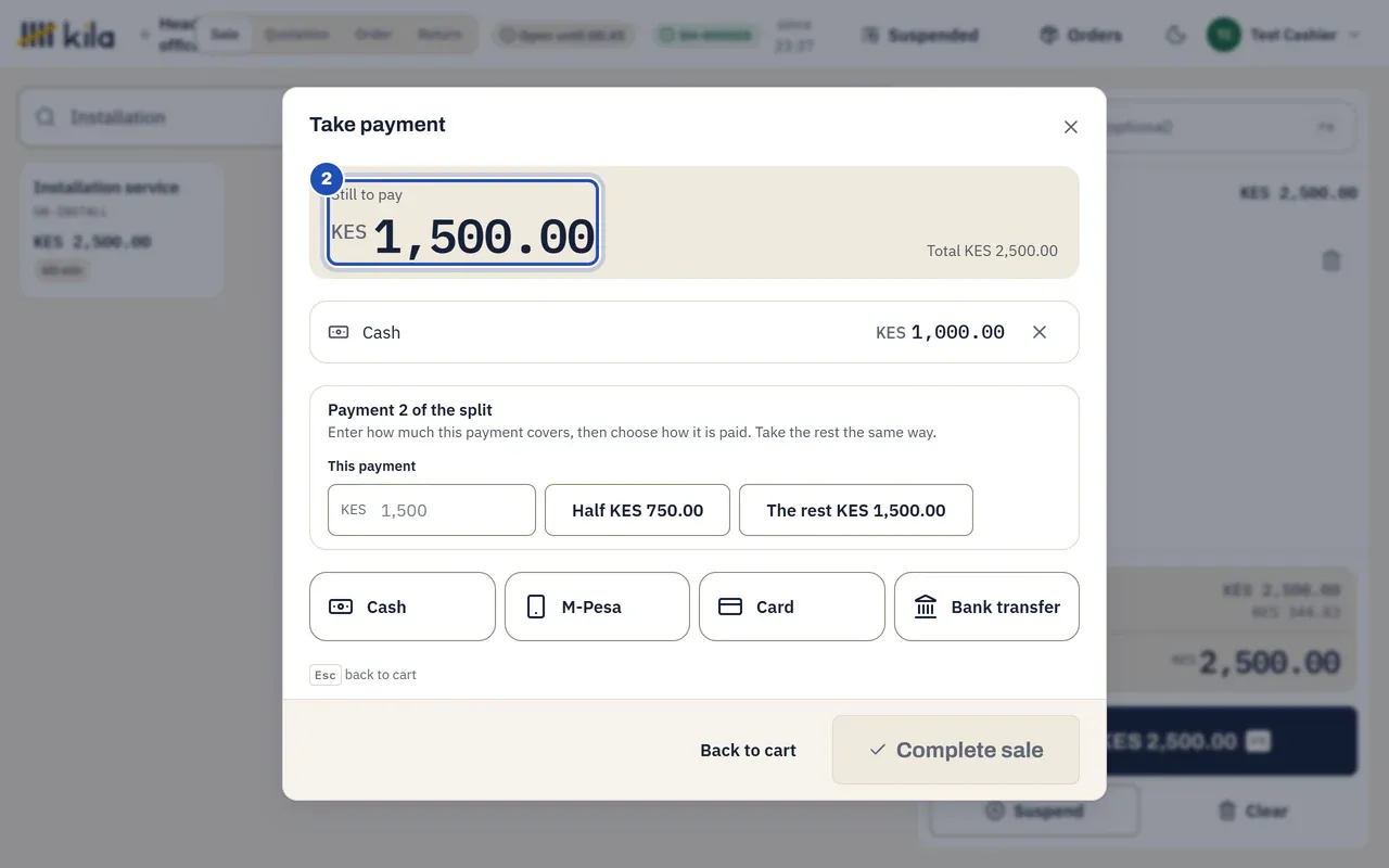 The payment open again on the installation: Still to pay KES 1,500.00 (2).
