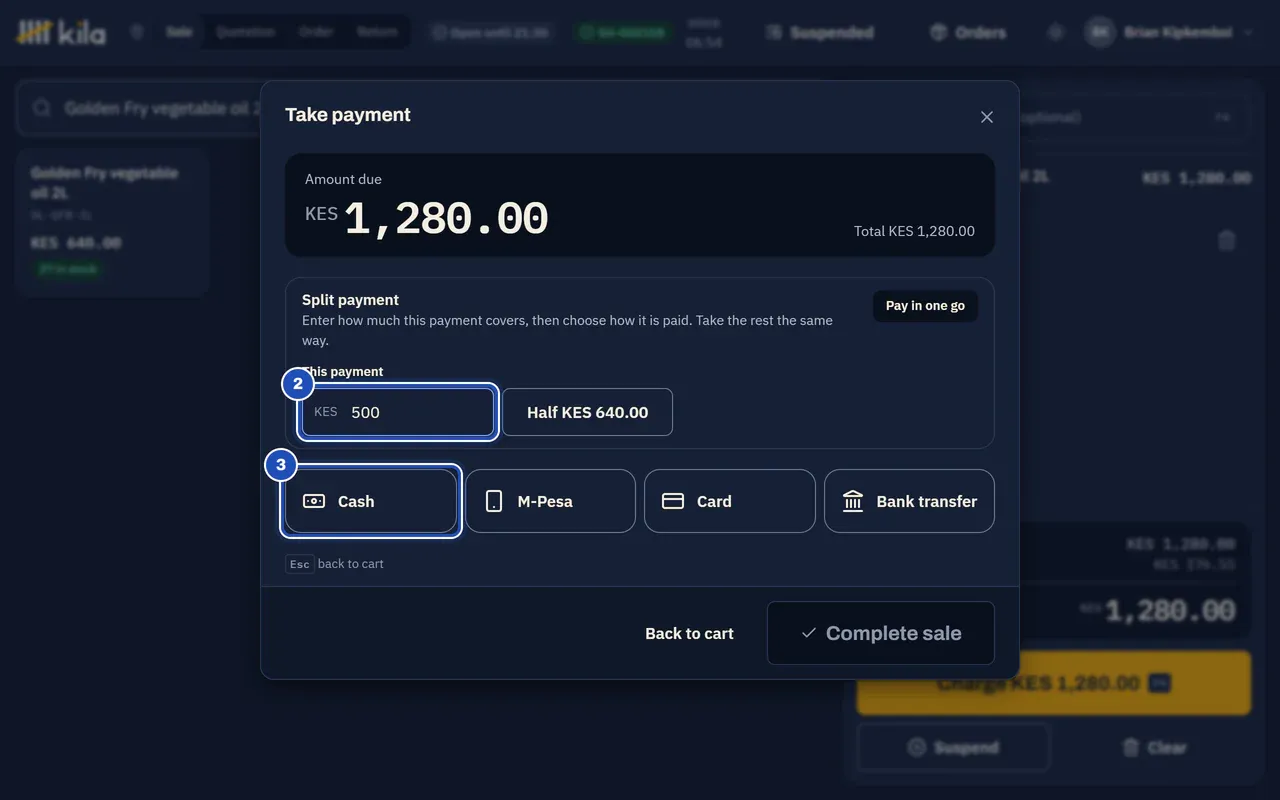 Split payment: KES 500 typed as this payment (2), the Half KES 640.00 button beside it, and the Cash method (3).