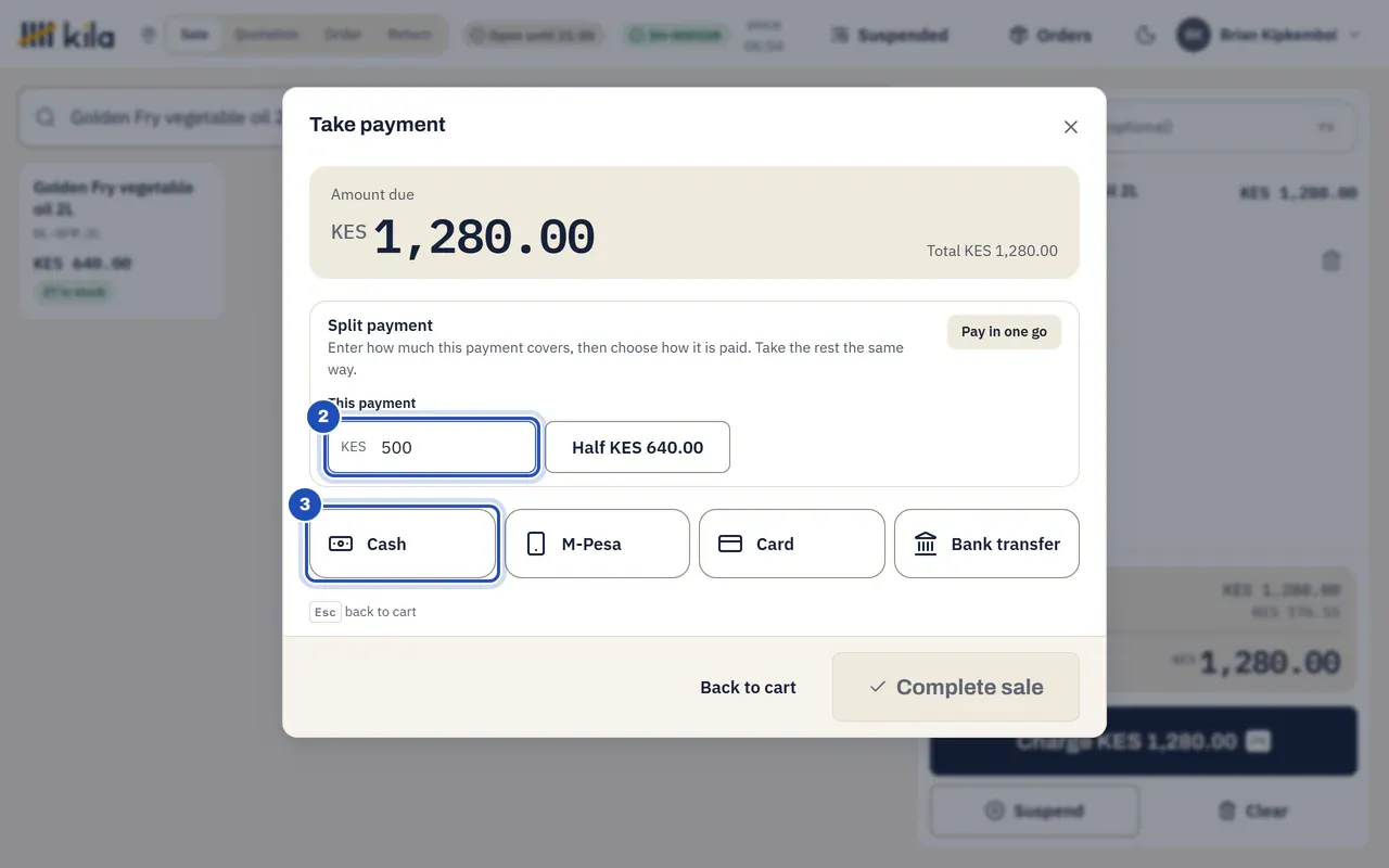 Split payment: KES 500 typed as this payment (2), the Half KES 640.00 button beside it, and the Cash method (3).