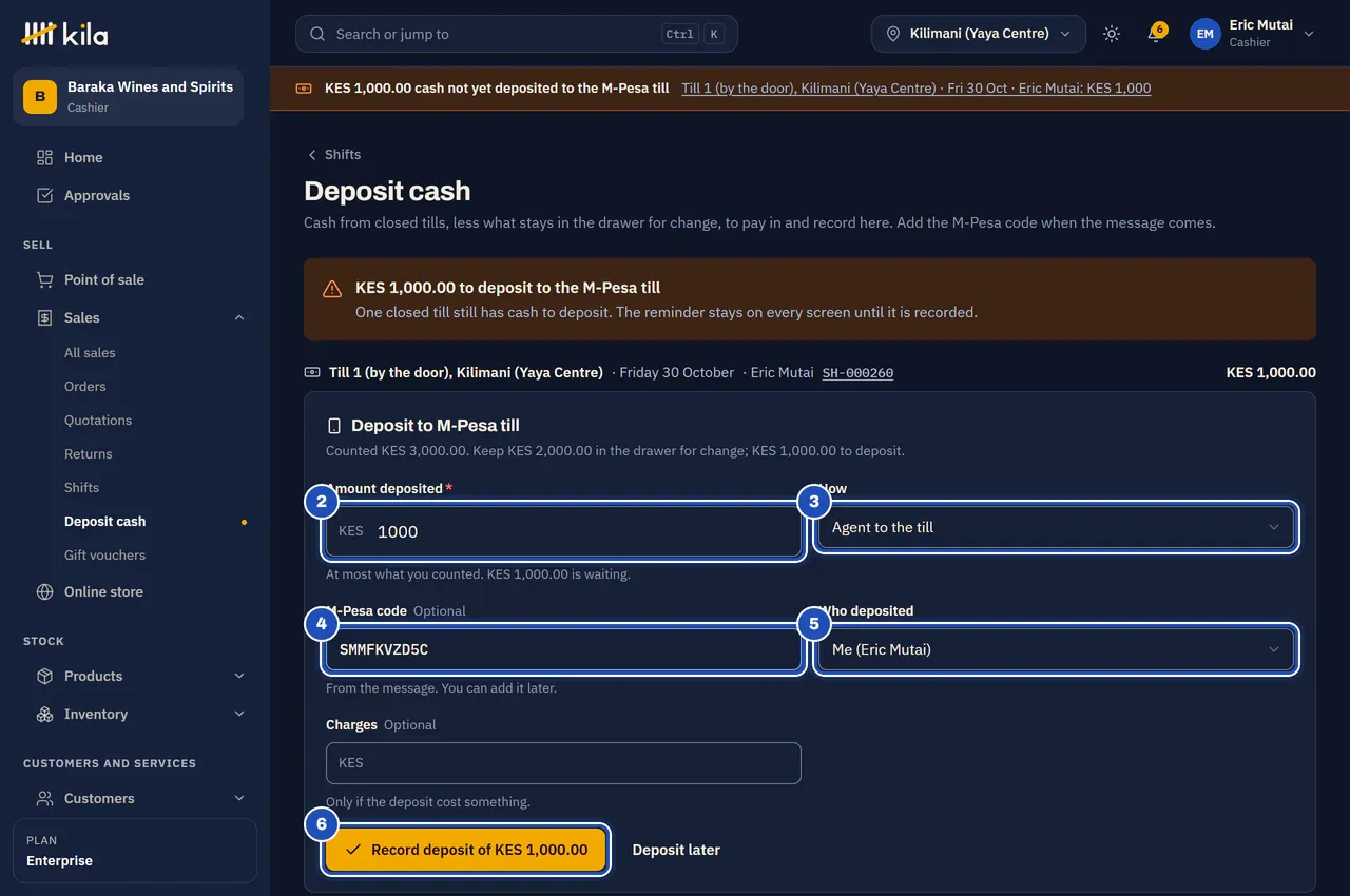 Sales, Deposit cash: KES 1,000.00 to deposit to the M-Pesa till from Till 1 (by the door). Deposit to M-Pesa till with the amount KES 1,000 (2), How: Agent to the till (3), the M-Pesa code (4), Who deposited: Me (Eric Mutai) (5), and Record deposit of KES 1,000.00 (6).