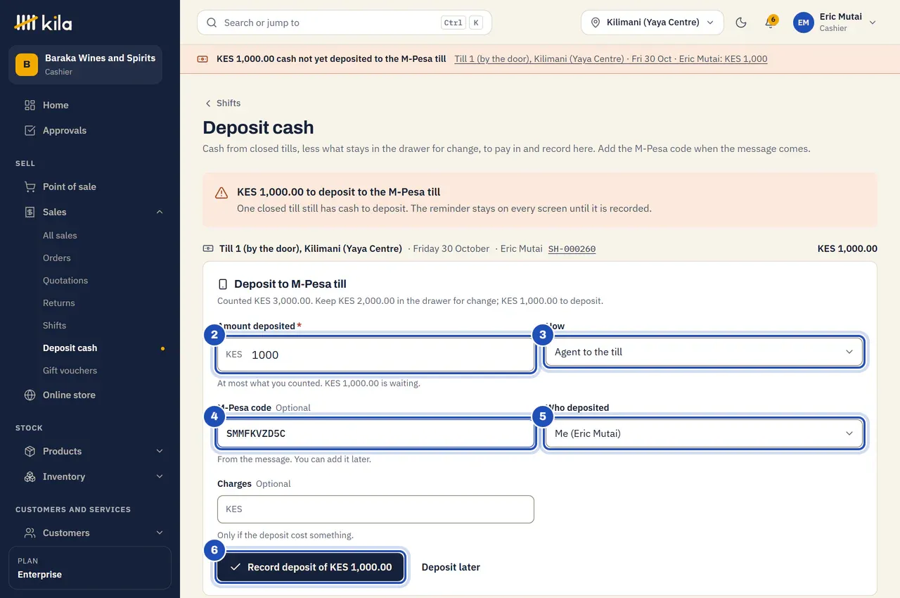 Sales, Deposit cash: KES 1,000.00 to deposit to the M-Pesa till from Till 1 (by the door). Deposit to M-Pesa till with the amount KES 1,000 (2), How: Agent to the till (3), the M-Pesa code (4), Who deposited: Me (Eric Mutai) (5), and Record deposit of KES 1,000.00 (6).