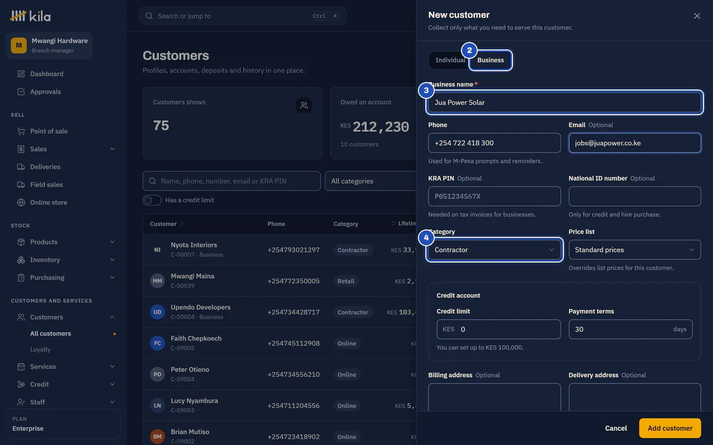 New customer: Business chosen (2), the business name Jua Power Solar (3), its phone and email, and the category Contractor (4). The credit account below says You can set up to KES 100,000.