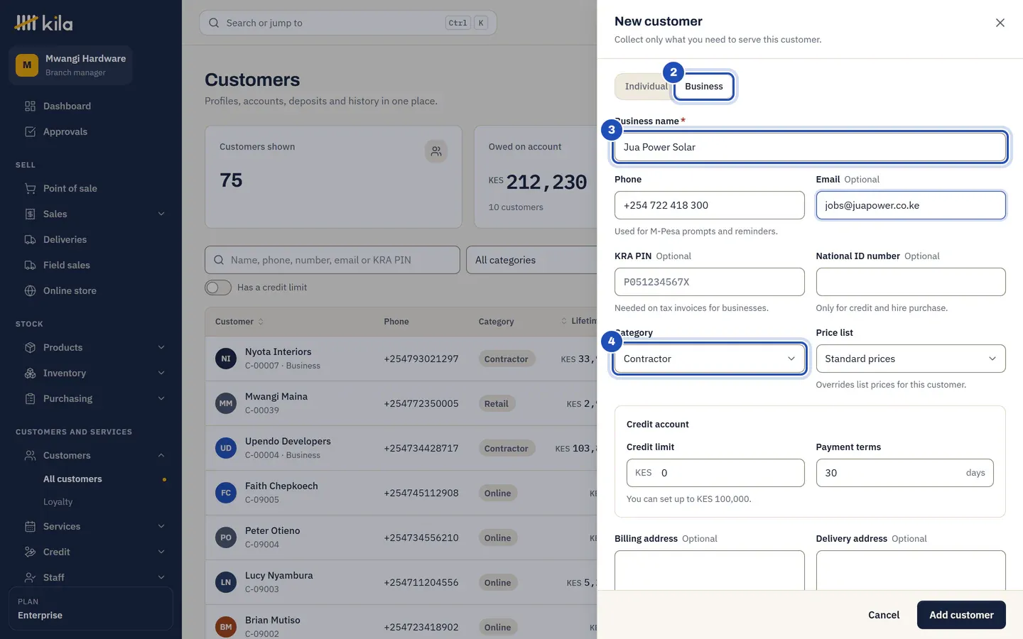 New customer: Business chosen (2), the business name Jua Power Solar (3), its phone and email, and the category Contractor (4). The credit account below says You can set up to KES 100,000.