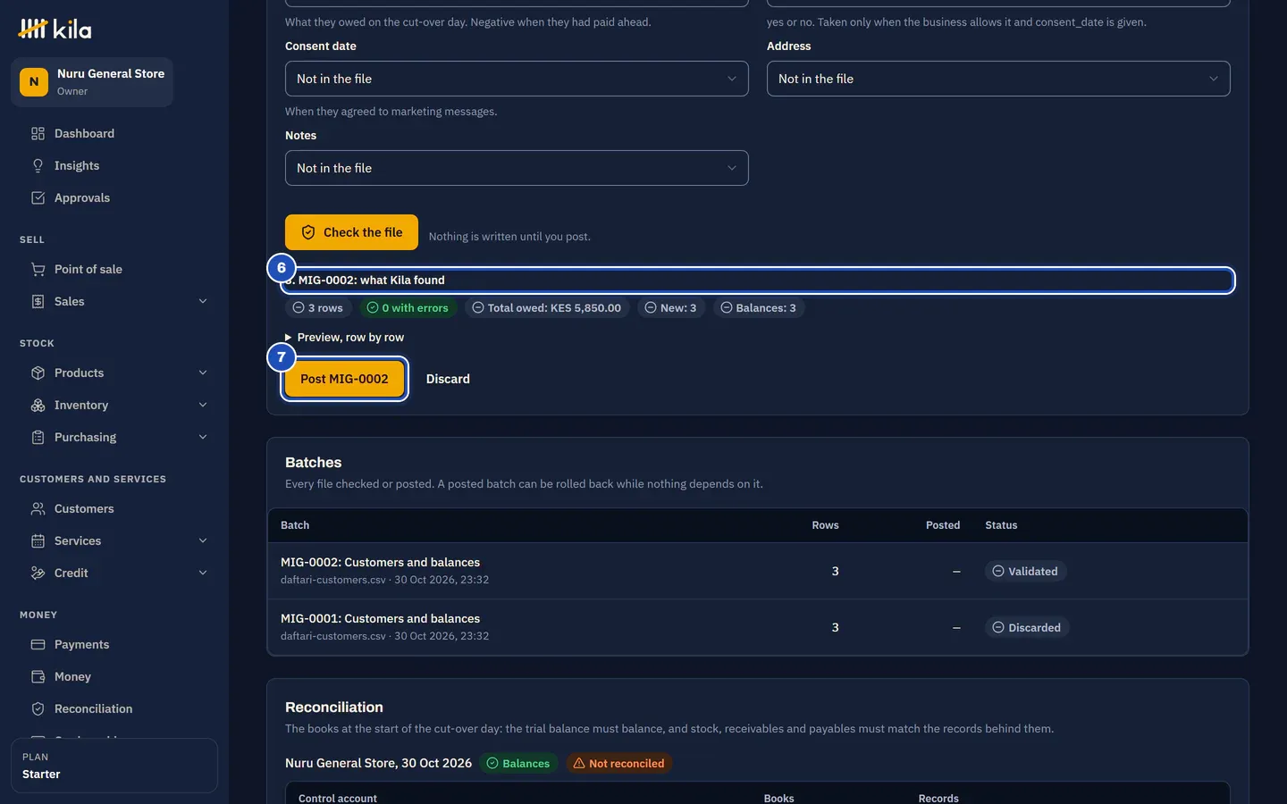 What Kila found (6): 3 rows, 0 with errors, total owed KES 5,850.00, 3 new and 3 balances, and the Post button (7).