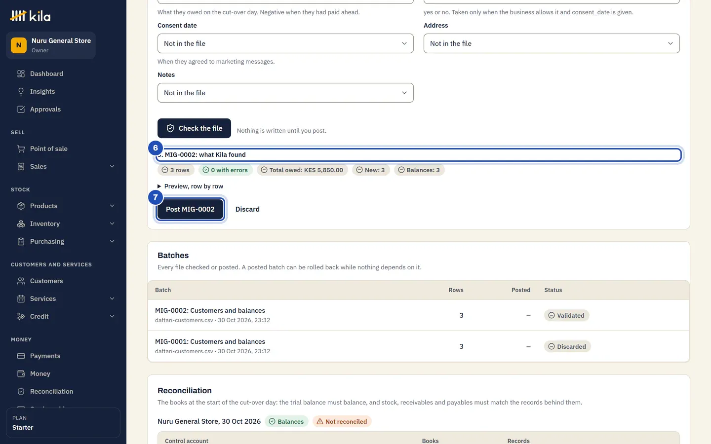 What Kila found (6): 3 rows, 0 with errors, total owed KES 5,850.00, 3 new and 3 balances, and the Post button (7).