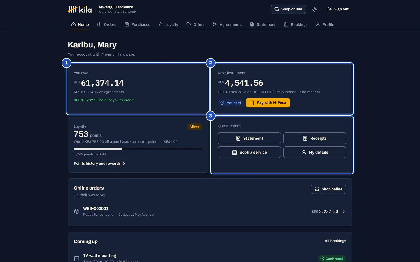 Mary Wangari's home page at Mwangi Hardware: You owe, with what is on agreements and what is held for her as credit (1), Next instalment with Pay with M-Pesa (2), her loyalty points, and Quick actions (3).