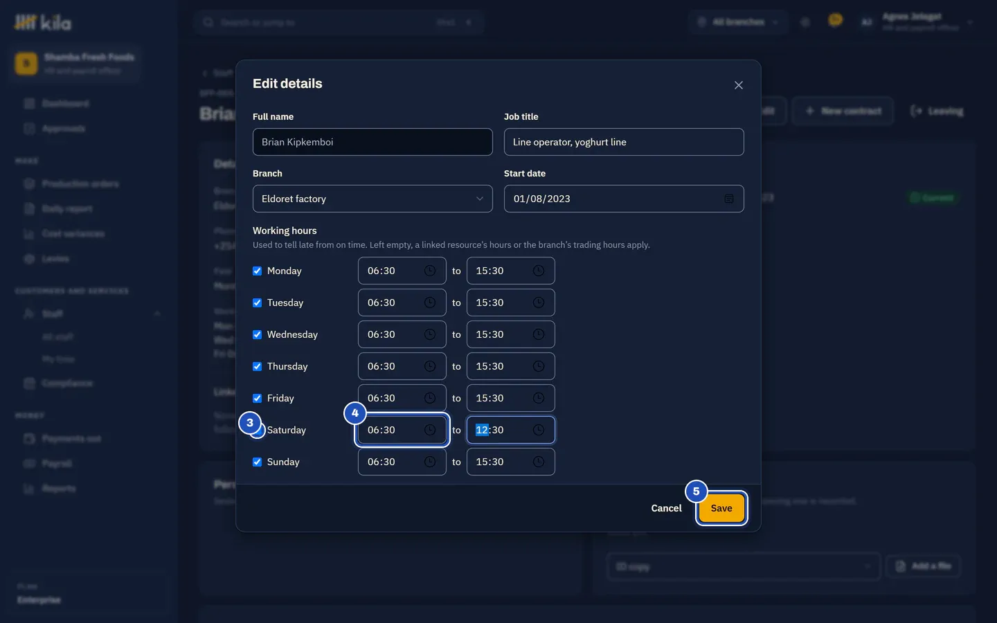 Edit details: Saturday ticked (3), from 06:30 to 12:30 (4), and Save (5).