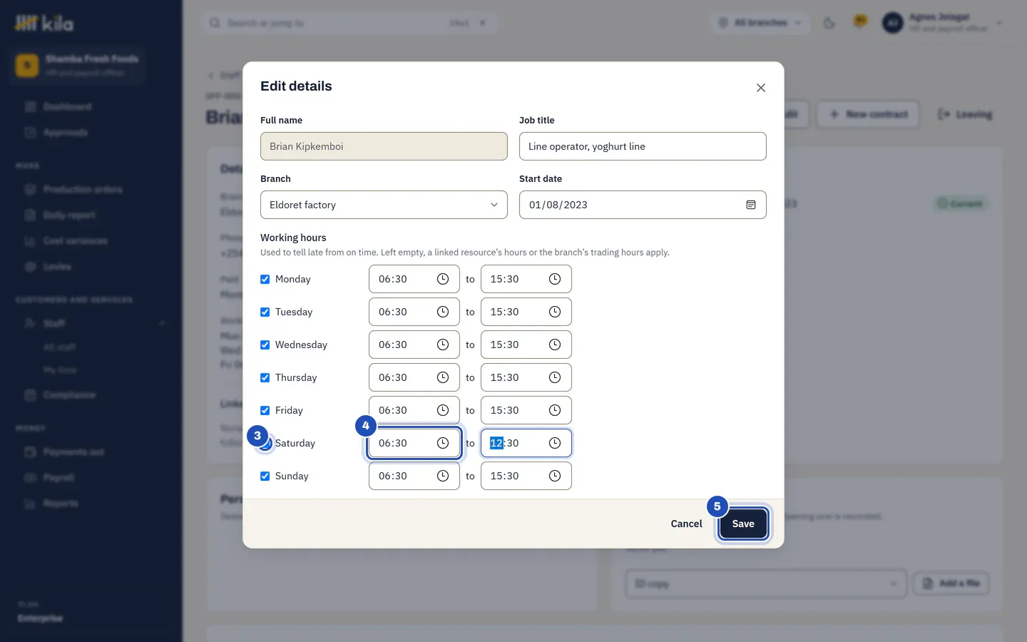 Edit details: Saturday ticked (3), from 06:30 to 12:30 (4), and Save (5).