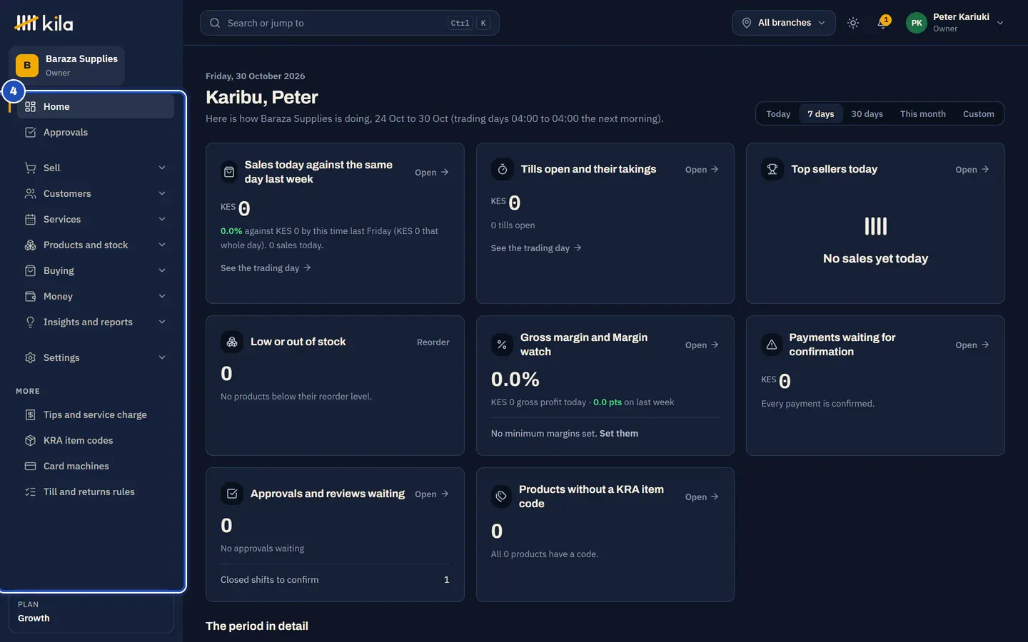 Kila's menu in the Hubs layout (4): Home, Approvals, Sell, Customers, Services, Products and stock, Buying, Money, Insights and reports and Settings, then More.