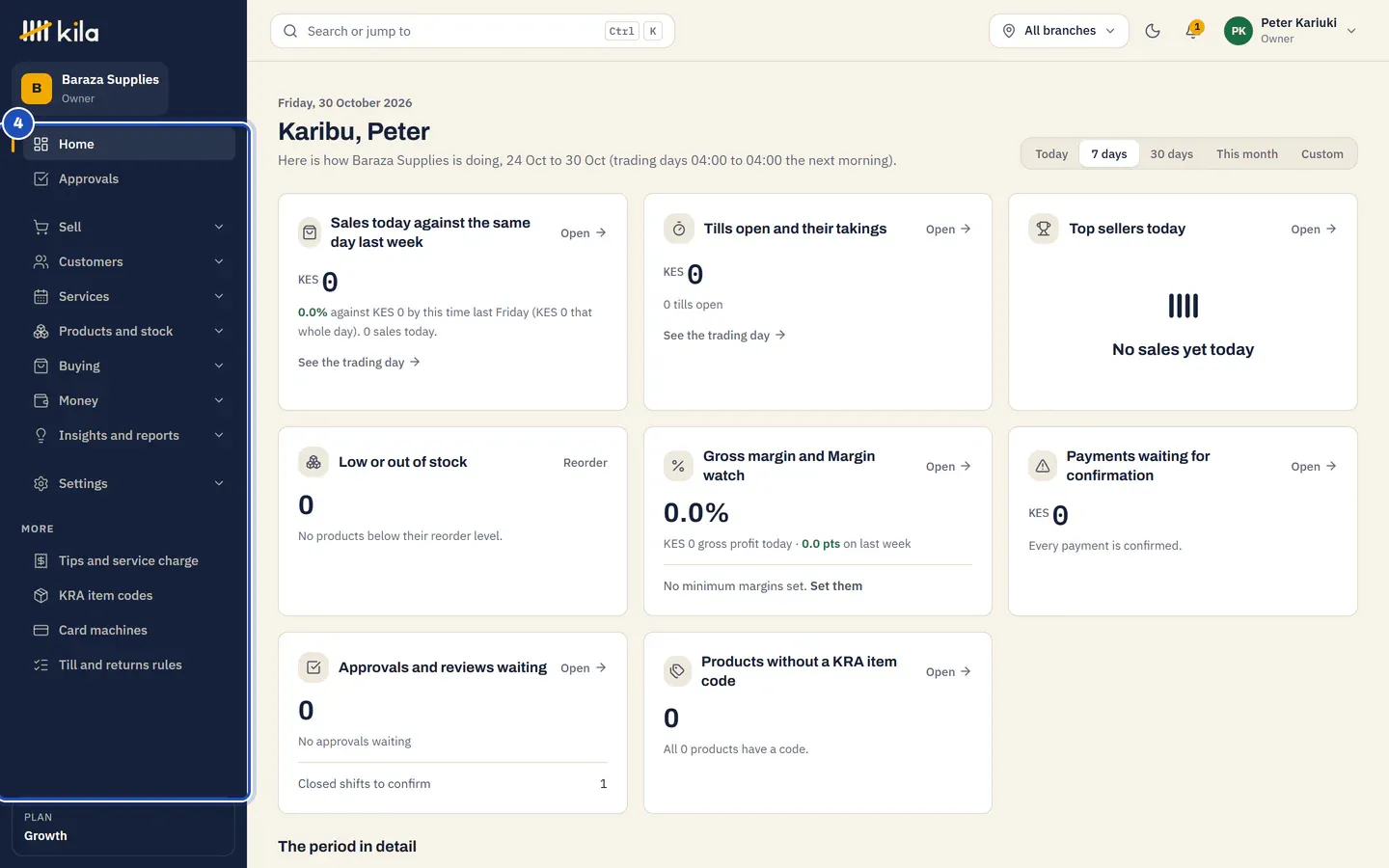 Kila's menu in the Hubs layout (4): Home, Approvals, Sell, Customers, Services, Products and stock, Buying, Money, Insights and reports and Settings, then More.