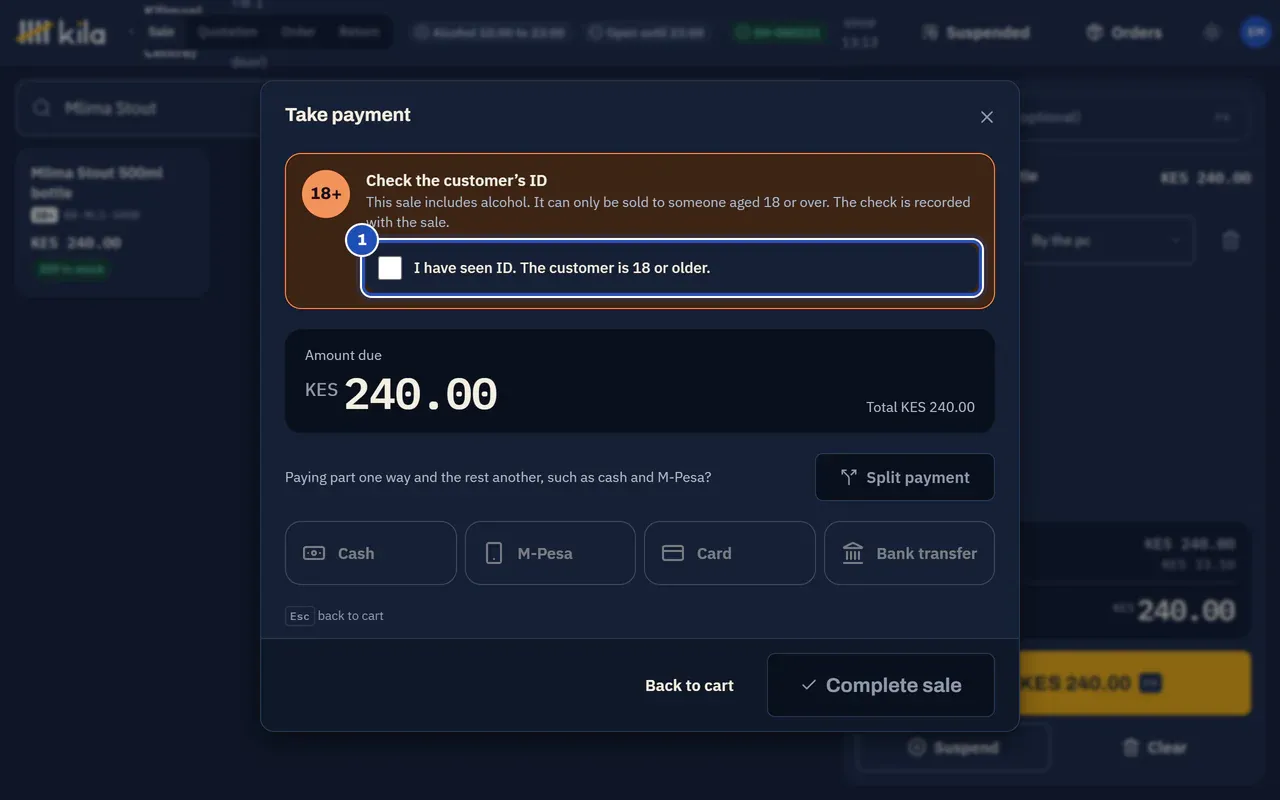 Take payment for a Mlima Stout: the panel Check the customer's ID with the box I have seen ID. The customer is 18 or older (1). The payment methods stay grey until it is ticked.
