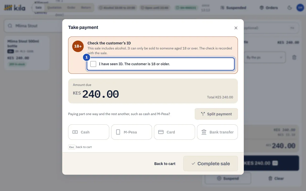 Take payment for a Mlima Stout: the panel Check the customer's ID with the box I have seen ID. The customer is 18 or older (1). The payment methods stay grey until it is ticked.