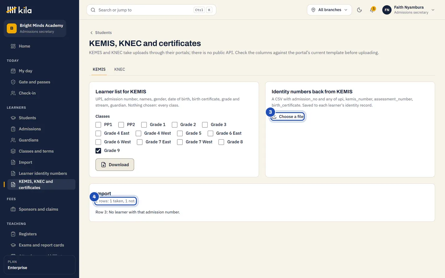 Identity numbers back from KEMIS: Choose a file (3), and the Import result 2 rows: 1 taken, 1 not. (4) with Row 3: No learner with that admission number.
