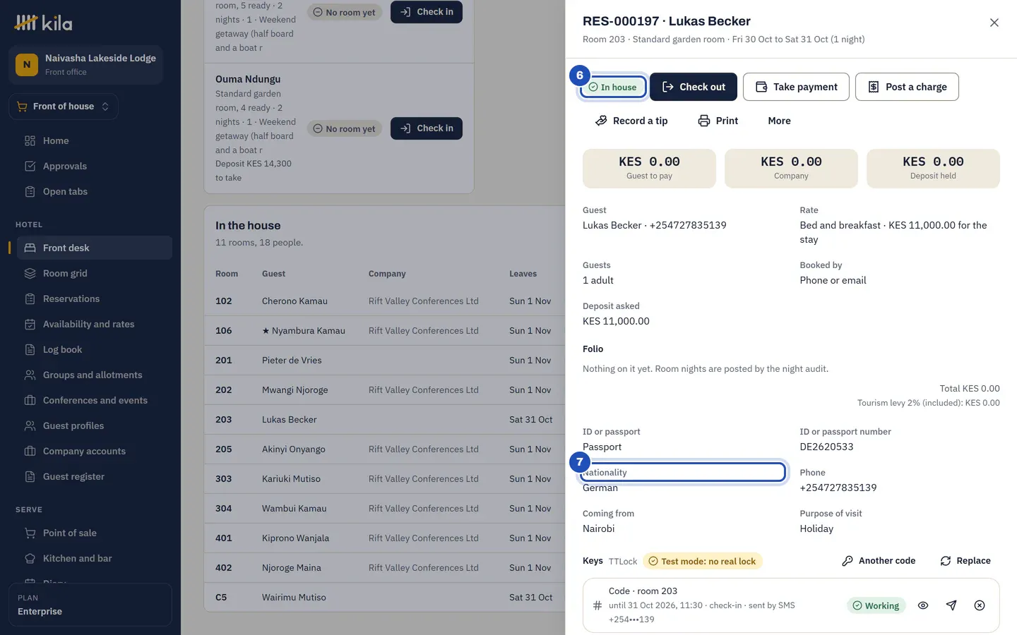 The folio after check-in: In house (6), the register details with Nationality German (7), and under Keys a door code for room 203, Working, sent by SMS.