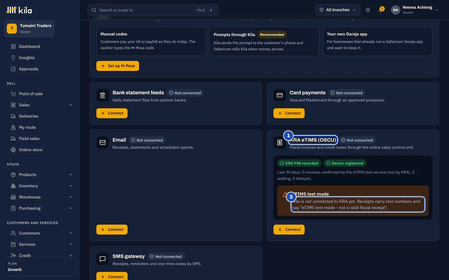 Integrations and API: the KRA eTIMS (OSCU) connection (1) with KRA PIN recorded and Device registered, and the notice eTIMS test mode: Kila is not connected to KRA yet (2).
