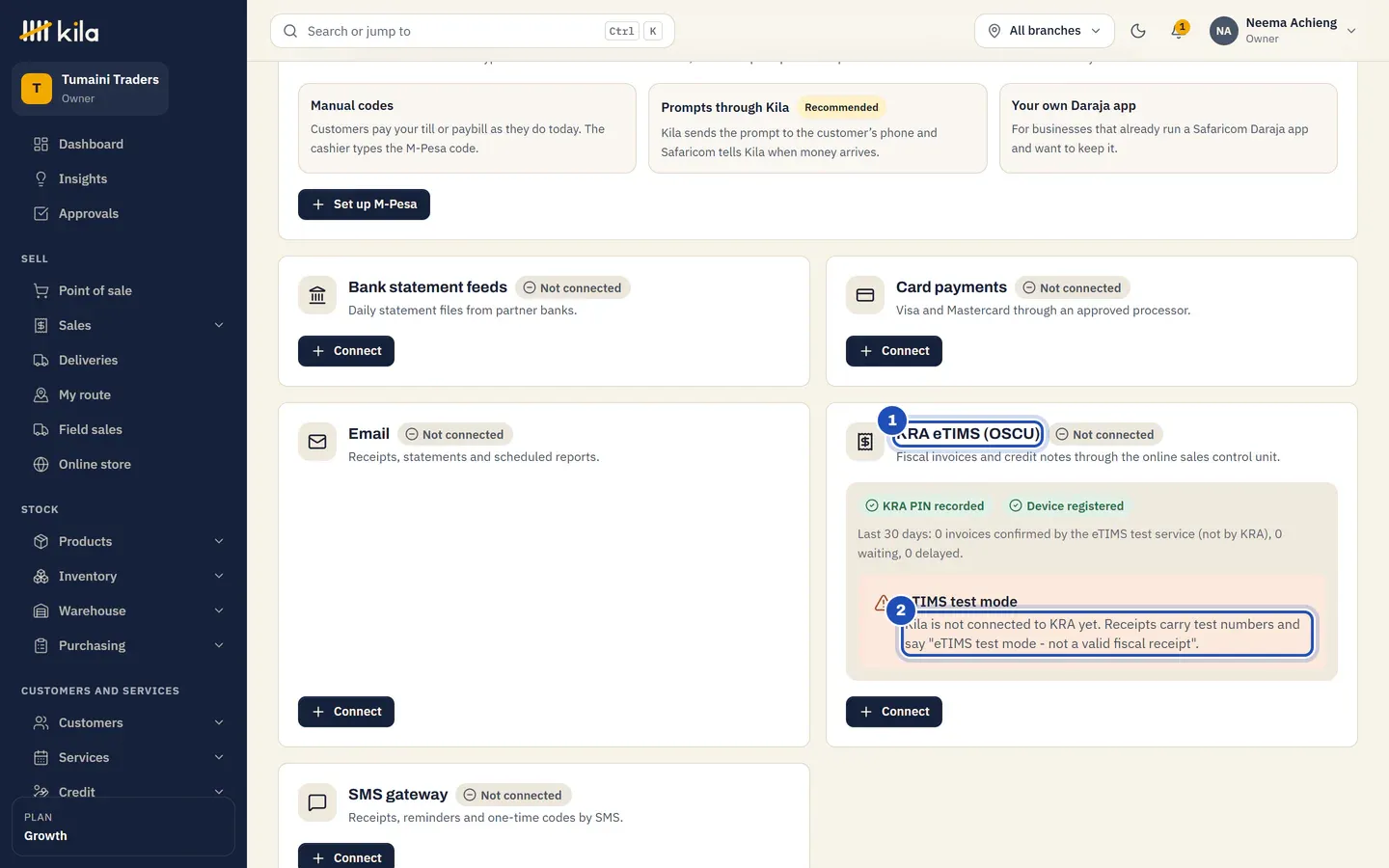 Integrations and API: the KRA eTIMS (OSCU) connection (1) with KRA PIN recorded and Device registered, and the notice eTIMS test mode: Kila is not connected to KRA yet (2).