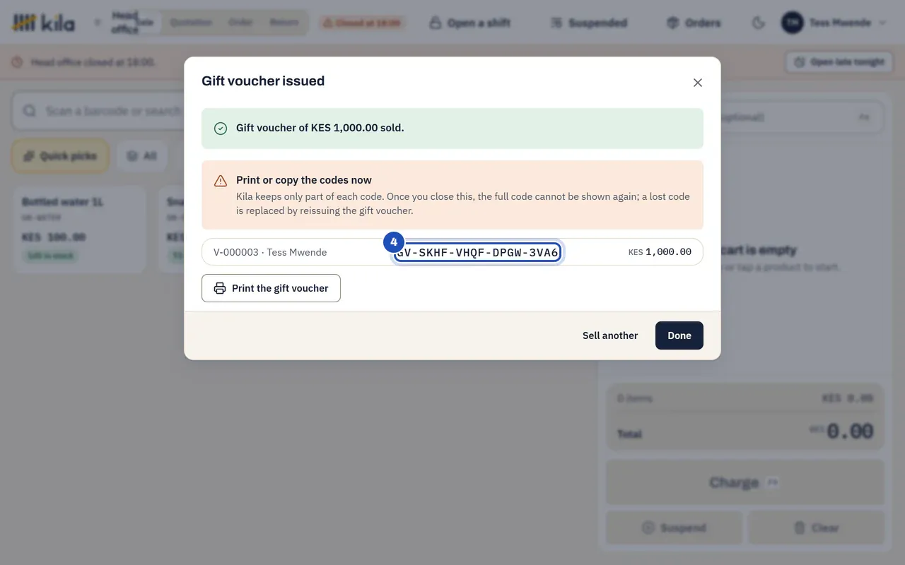 Gift voucher issued: Gift voucher of KES 1,000.00 sold, the warning to print or copy the codes now, voucher V-000001 for Tess Mwende with its full code (4), and Print the gift voucher.
