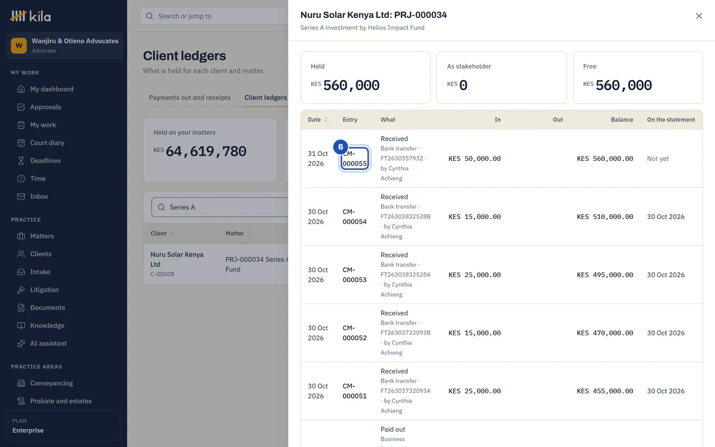 Nuru Solar Kenya Ltd's ledger for the Series A matter: what is held and free, and the new receipt (6), received by bank transfer and not yet on the statement.