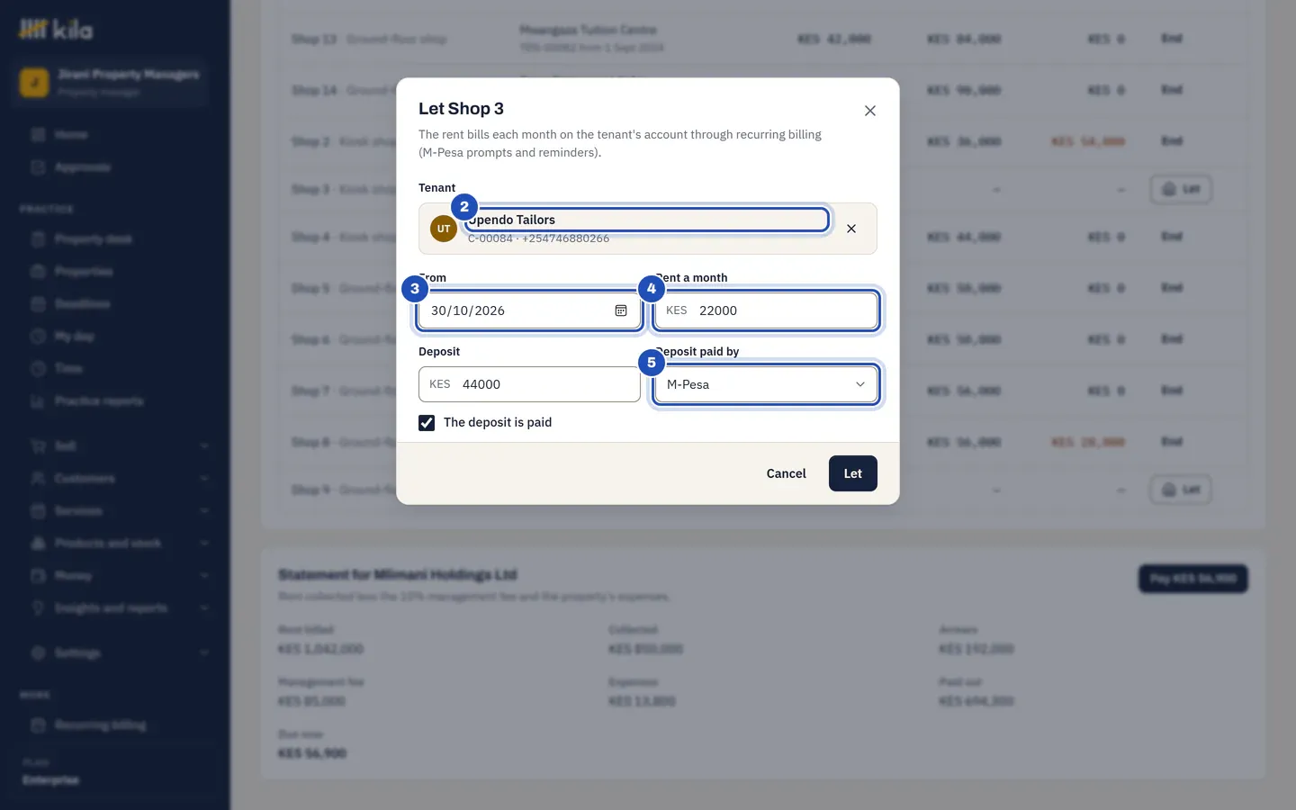 Let Shop 3: the tenant Upendo Tailors (2), from today (3), rent a month KES 22,000 (4) and a deposit of KES 44,000 paid by M-Pesa (5), with The deposit is paid ticked.