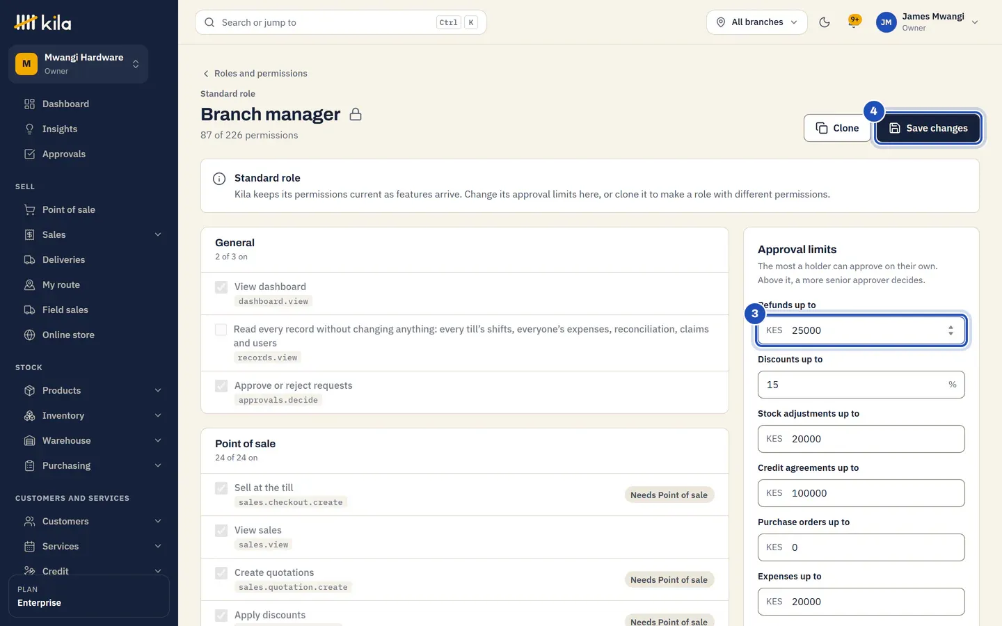 The Branch manager role, a standard role: in Approval limits, Refunds up to is changed to KES 25,000 (3), and Save changes is marked 4.