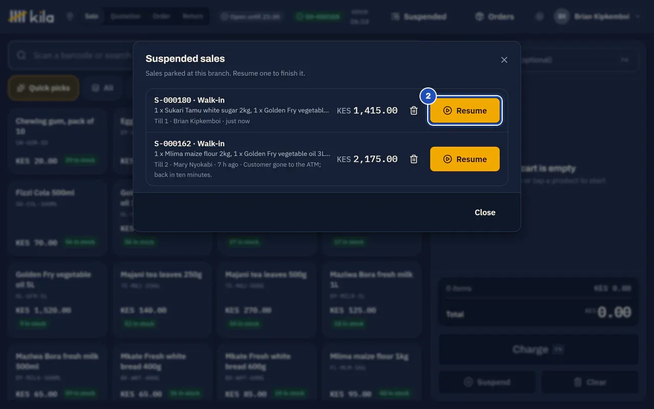 Suspended sales at Rongai: S-000180 for a walk-in, KES 1,415.00, parked on Till 1 by Brian Kipkemboi just now, with Resume marked 2. Another sale parked on Till 2 has the note Customer gone to the ATM.