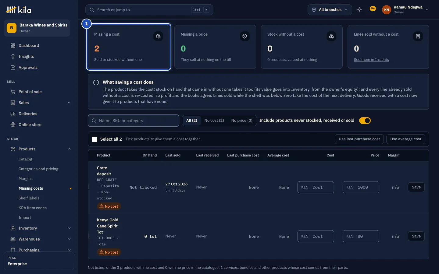 Missing costs and prices at Baraka Wines and Spirits: Missing a cost (1), Missing a price, Stock without a cost and Lines sold without a cost, and the crate deposit with No cost, sold 5 times in 30 days.