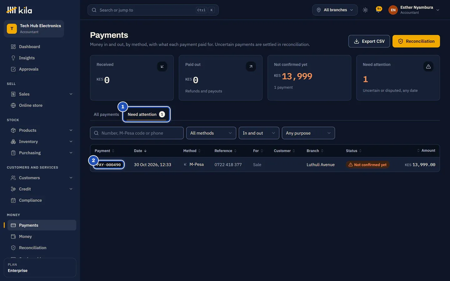 Money, Payments for Esther Nyambura, accountant: Not confirmed yet KES 13,999 in 1 payment. The Need attention tab (1) lists PAY-000490 (2), M-Pesa, Luthuli Avenue, Not confirmed yet, KES 13,999.00.