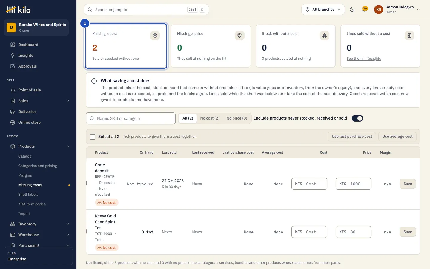 Missing costs and prices at Baraka Wines and Spirits: Missing a cost (1), Missing a price, Stock without a cost and Lines sold without a cost, and the crate deposit with No cost, sold 5 times in 30 days.