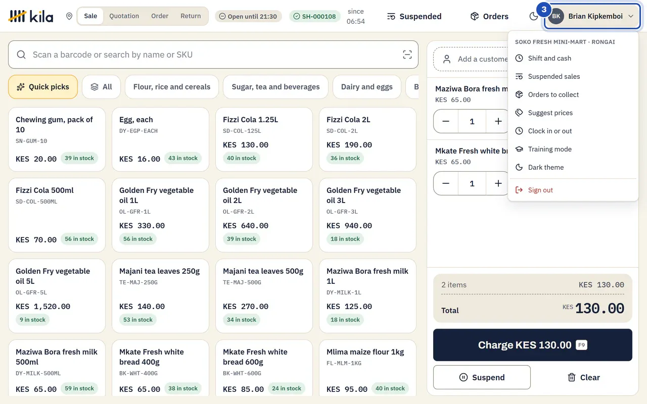 The menu under Brian Kipkemboi's name (3): Soko Fresh Mini-Mart, Rongai, then Shift and cash, Suspended sales, Orders to collect, Suggest prices, Clock in or out, Training mode, the theme and Sign out.