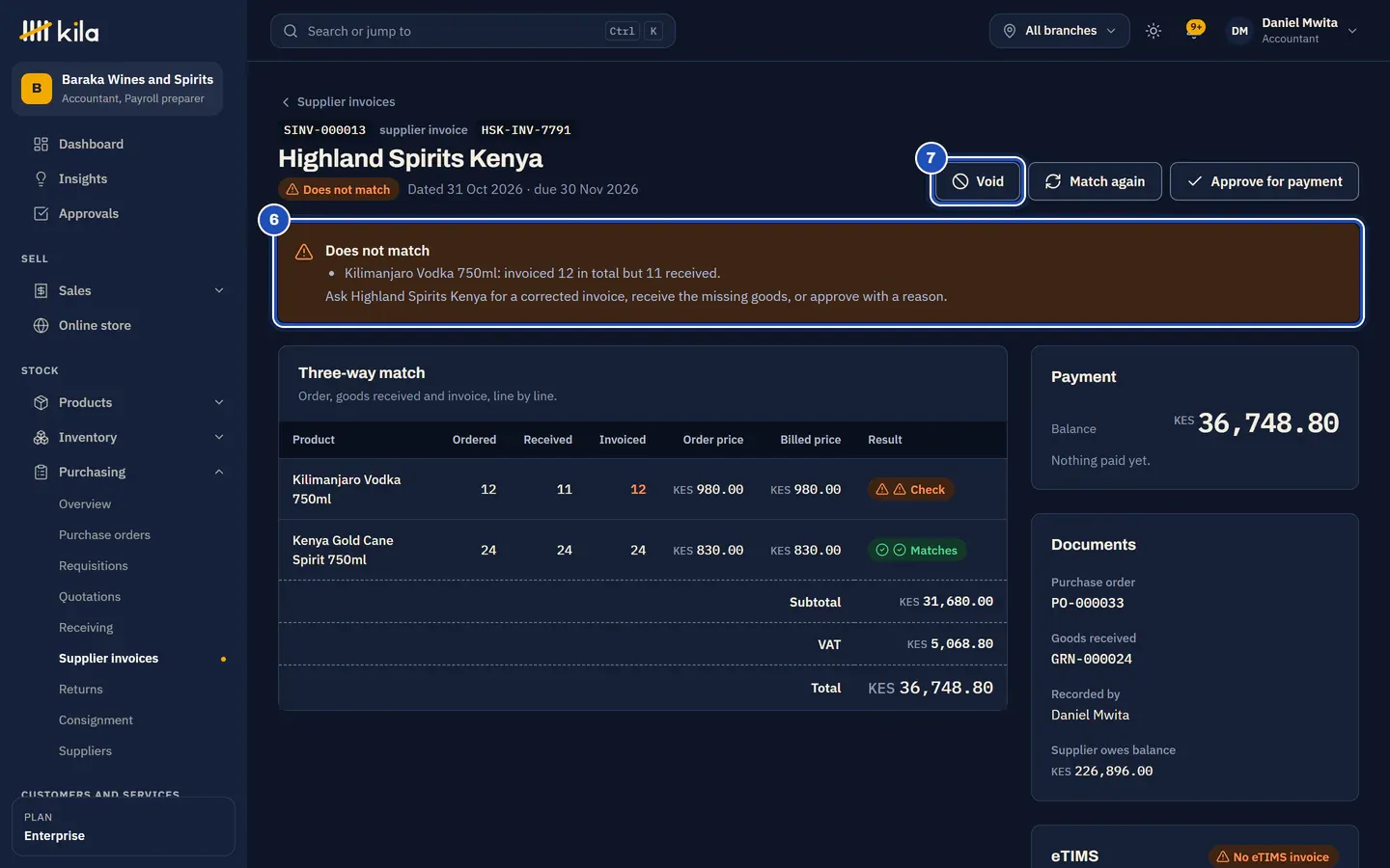 SINV-000013, supplier invoice HSK-INV-7791 from Highland Spirits Kenya: Does not match (6), Kilimanjaro Vodka 750ml invoiced 12 in total but 11 received. The three-way match marks the vodka Check and the Kenya Gold Matches. Void (7).