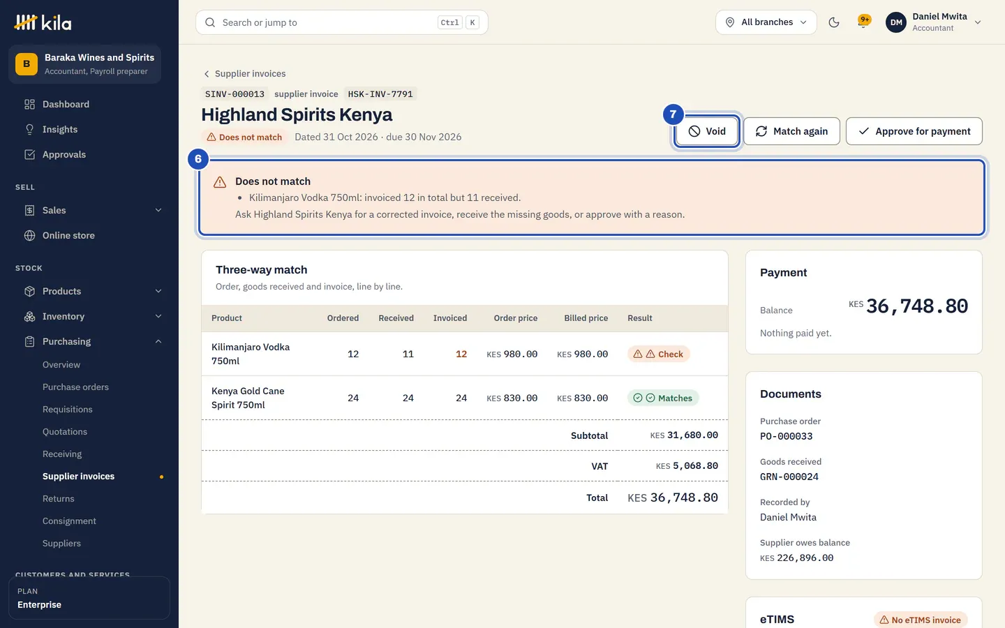 SINV-000013, supplier invoice HSK-INV-7791 from Highland Spirits Kenya: Does not match (6), Kilimanjaro Vodka 750ml invoiced 12 in total but 11 received. The three-way match marks the vodka Check and the Kenya Gold Matches. Void (7).