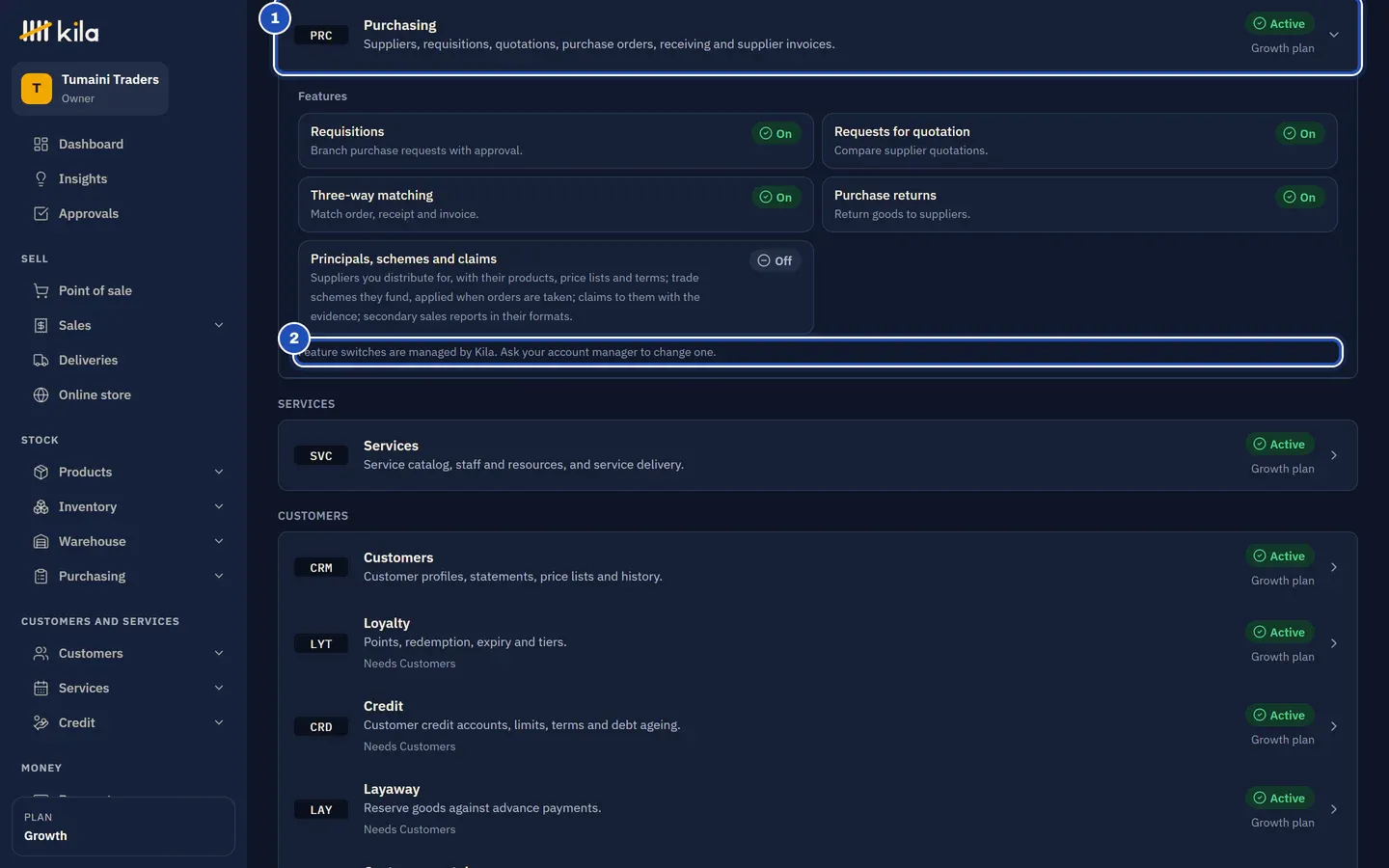 Purchasing opened on Plan and modules (1): its switches Requisitions, Requests for quotation, Three-way matching and Purchase returns are On, Principals, schemes and claims is Off, and the note says feature switches are managed by Kila (2).