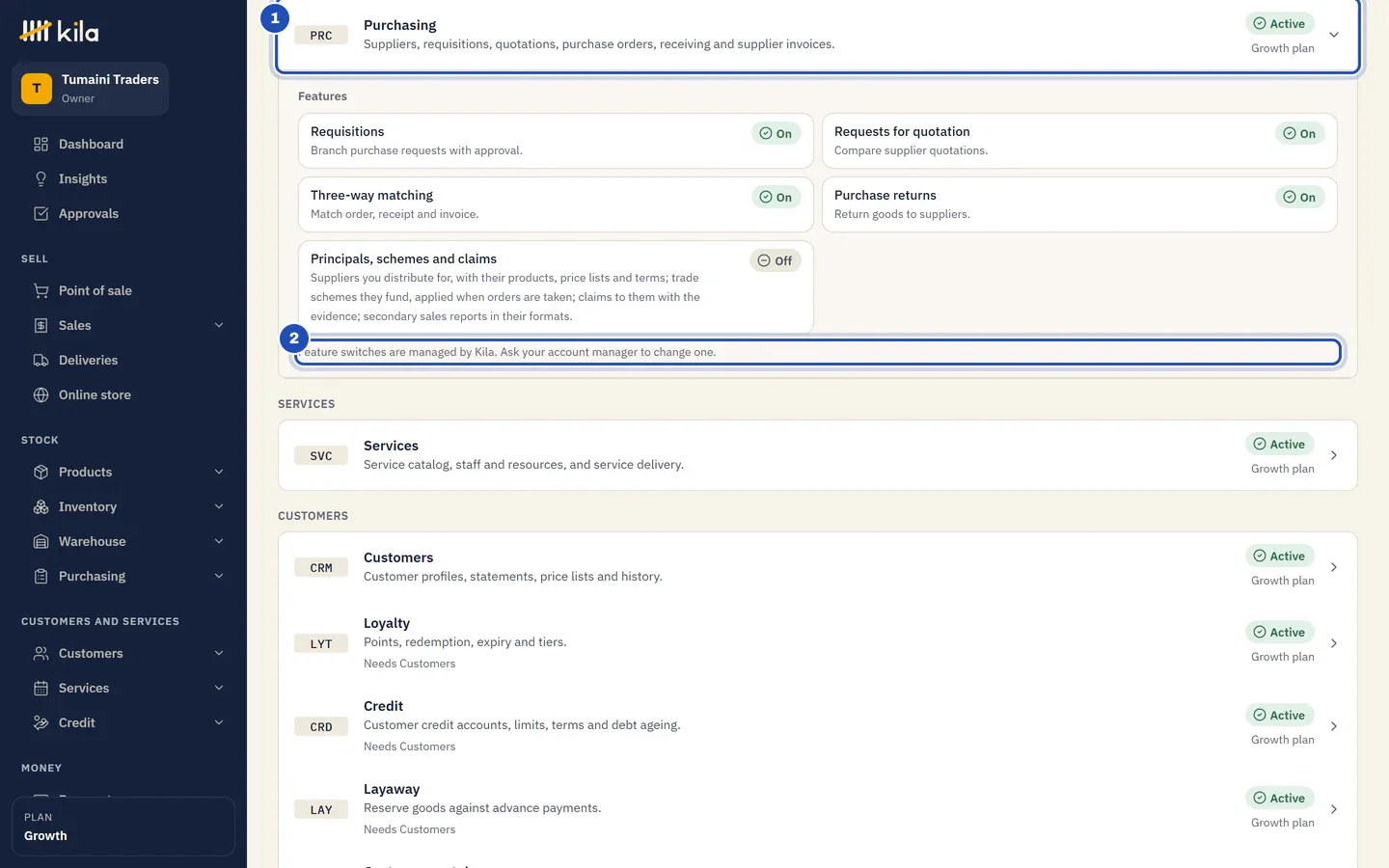 Purchasing opened on Plan and modules (1): its switches Requisitions, Requests for quotation, Three-way matching and Purchase returns are On, Principals, schemes and claims is Off, and the note says feature switches are managed by Kila (2).