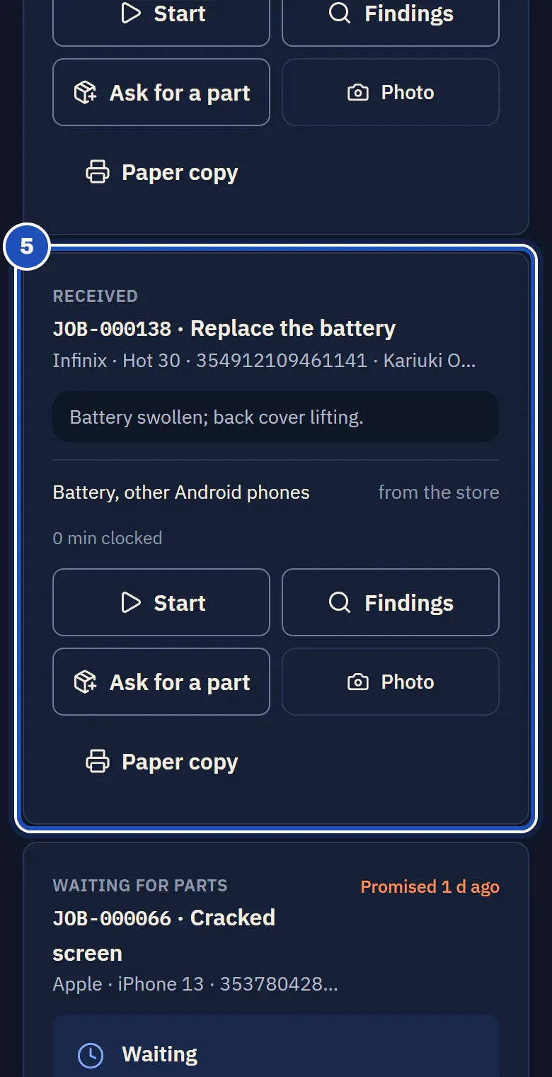 Dennis Otieno's My jobs on a phone: the new job, Replace the battery on an Infinix Hot 30, with the battery from the store, 0 min clocked, and Start, Findings, Ask for a part, Photo and Paper copy (5).