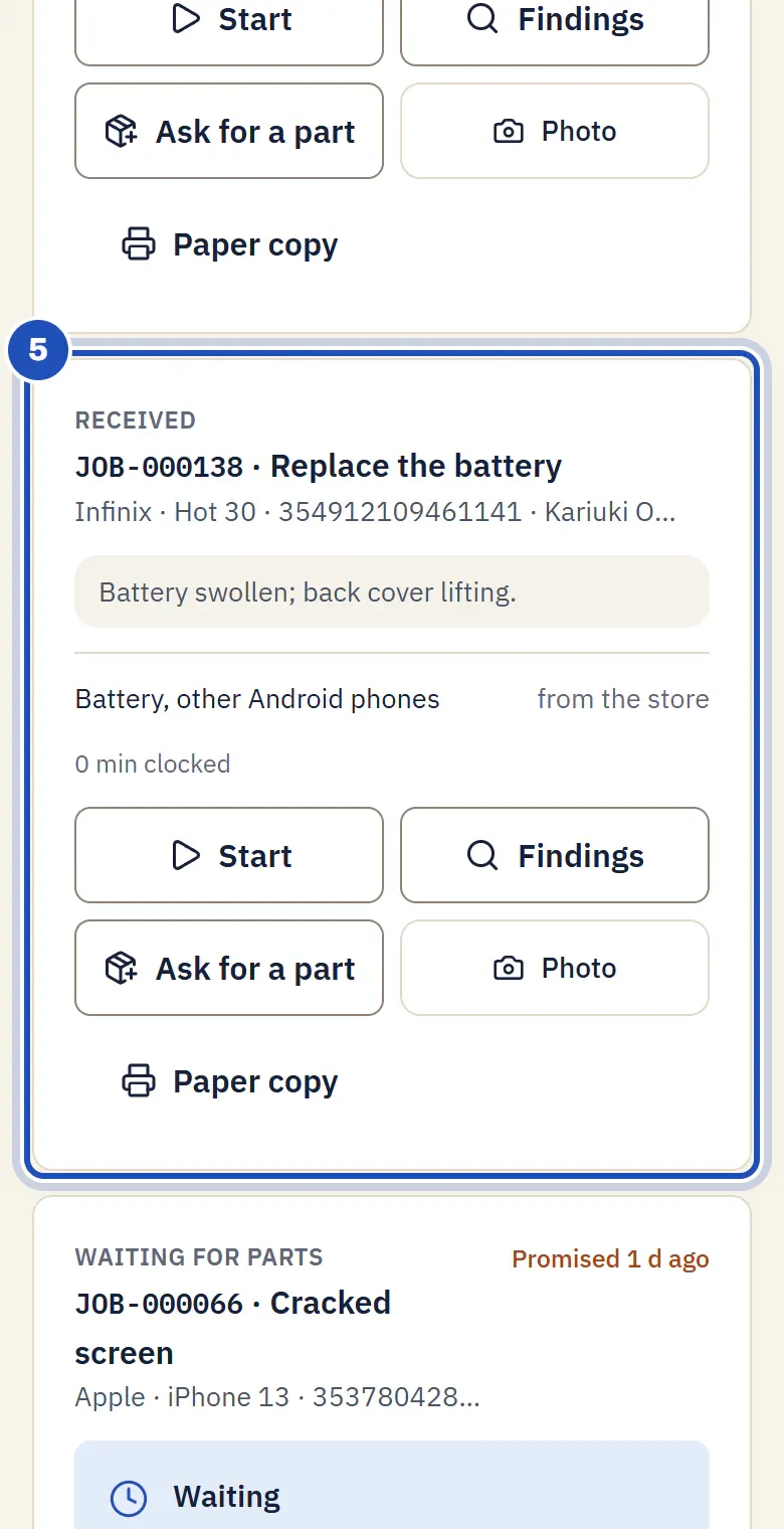 Dennis Otieno's My jobs on a phone: the new job, Replace the battery on an Infinix Hot 30, with the battery from the store, 0 min clocked, and Start, Findings, Ask for a part, Photo and Paper copy (5).