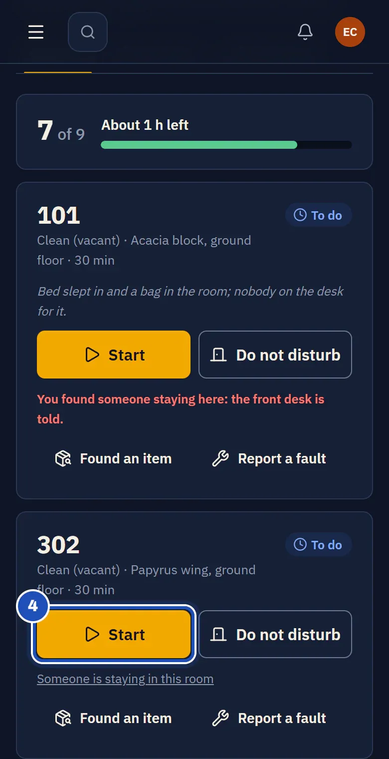 Esther Chebet's My rooms on her phone: 7 of 9 done, about 1 h left, room 101 where she found someone staying, and room 302, Clean (vacant), To do, with Start (4) and Do not disturb.