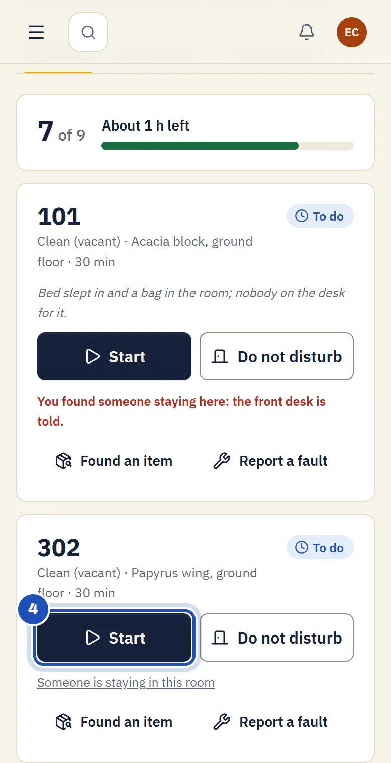 Esther Chebet's My rooms on her phone: 7 of 9 done, about 1 h left, room 101 where she found someone staying, and room 302, Clean (vacant), To do, with Start (4) and Do not disturb.