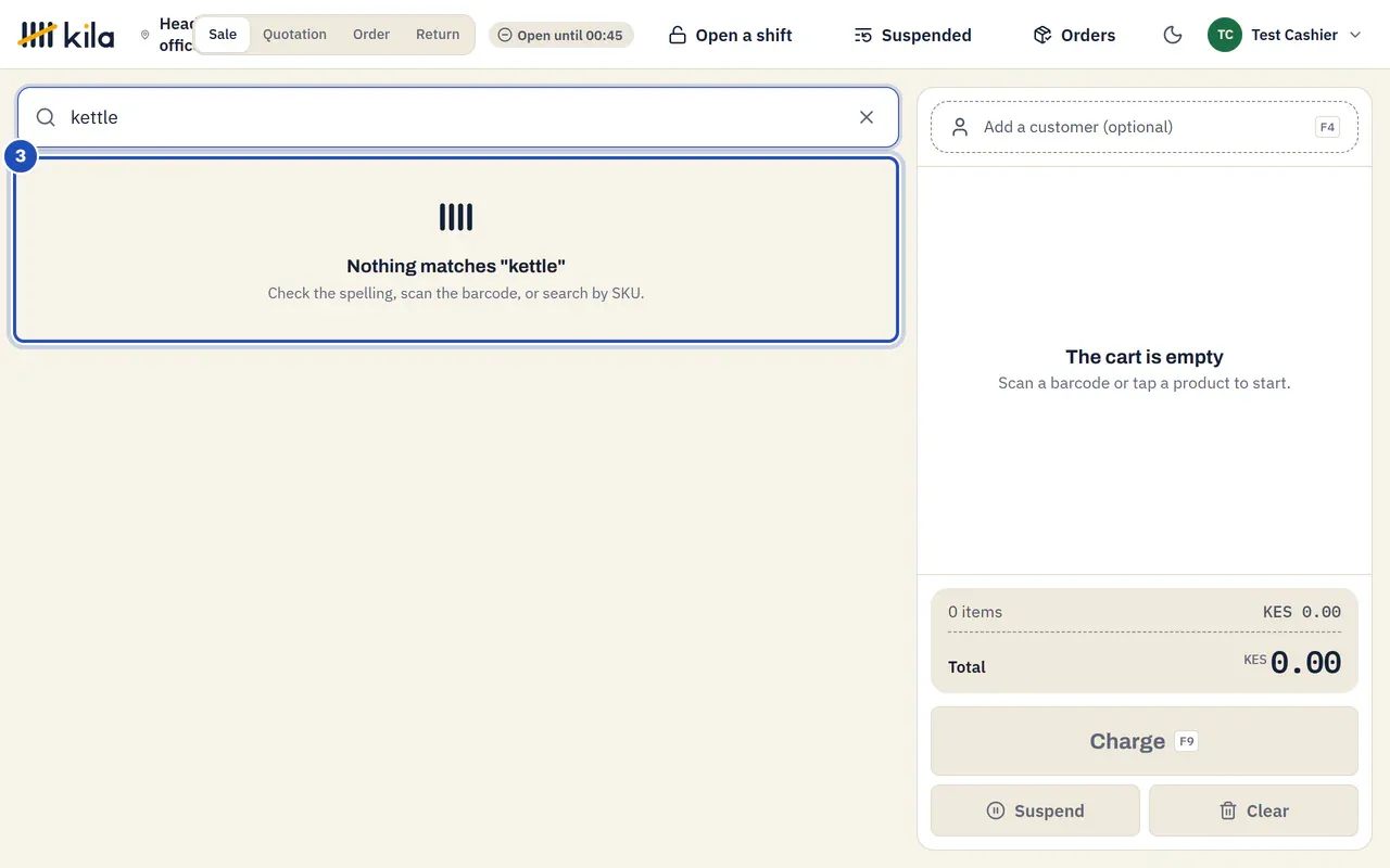 A search for kettle: Nothing matches "kettle". Check the spelling, scan the barcode, or search by SKU (3).