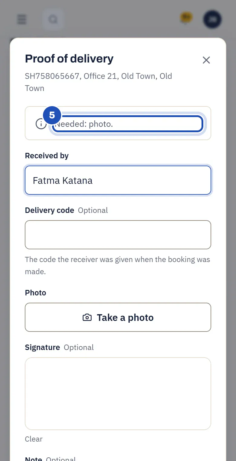 Proof of delivery on Juma Bakari's phone, with the note Needed: photo. marked 5.