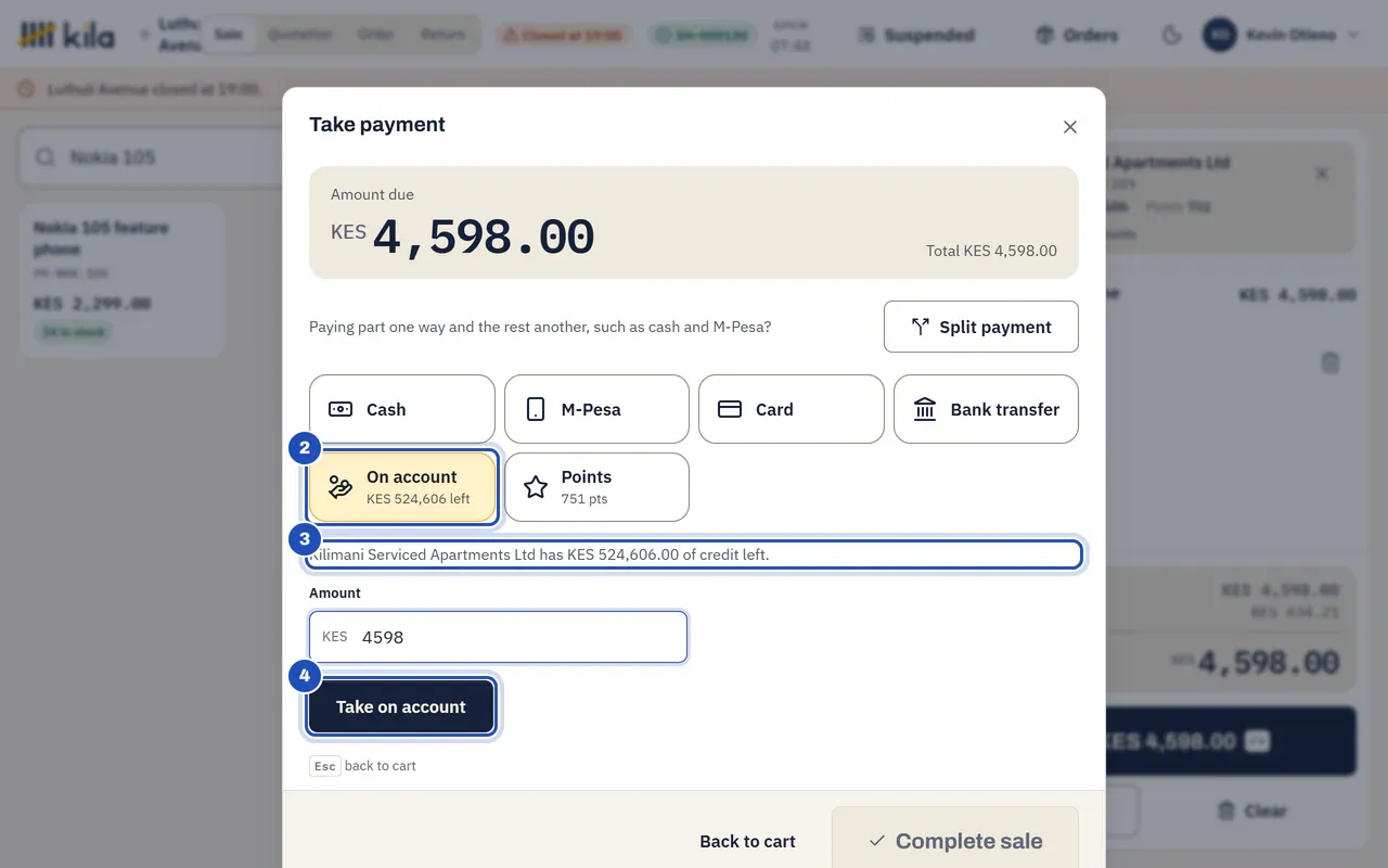 Take payment for two Nokia 105 phones: On account is chosen, showing the credit left (2). Kila says how much credit Kilimani Serviced Apartments Ltd has left (3). Take on account is marked 4.