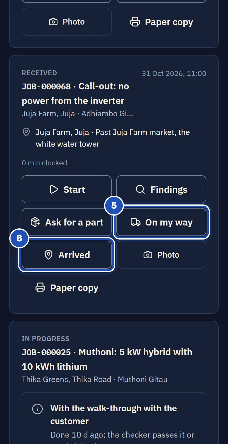 Felix Omondi's list on a phone: the call-out at Juja Farm, Juja, past Juja Farm market, the white water tower, with On my way (5) and Arrived (6).