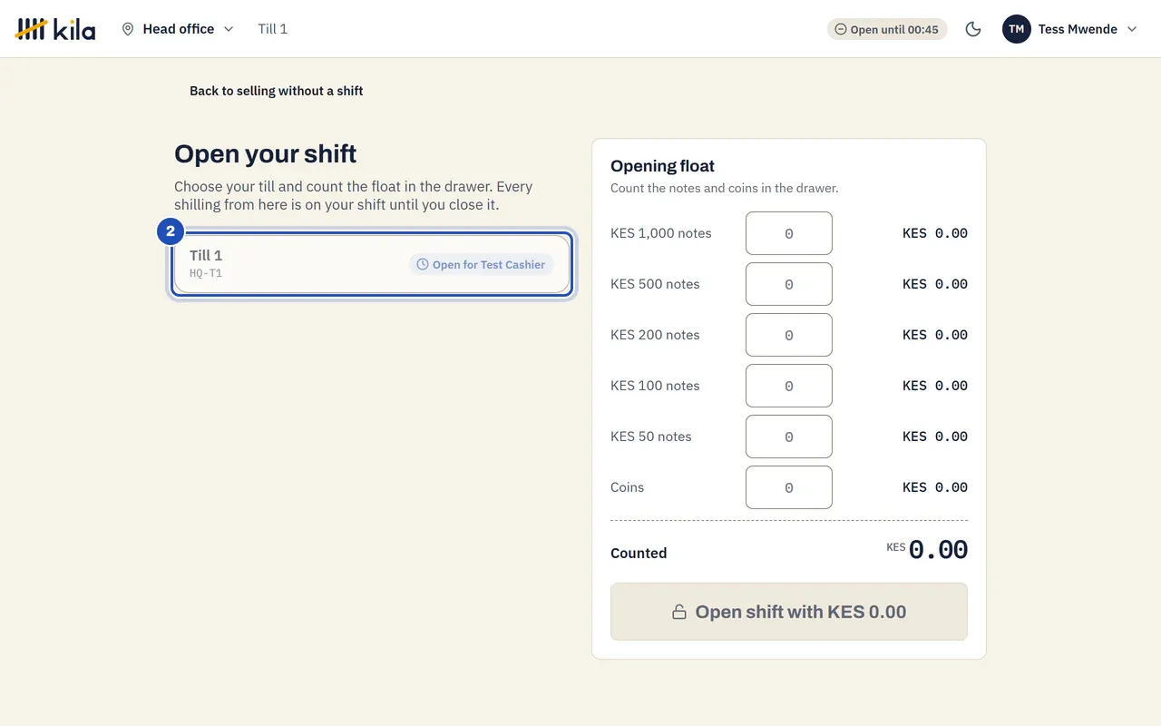 Open your shift: Till 1 says Open for Test Cashier (2), so it cannot be chosen.