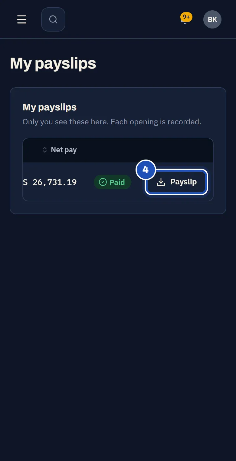 The same line slid across: Paid, and the Payslip button marked 4.