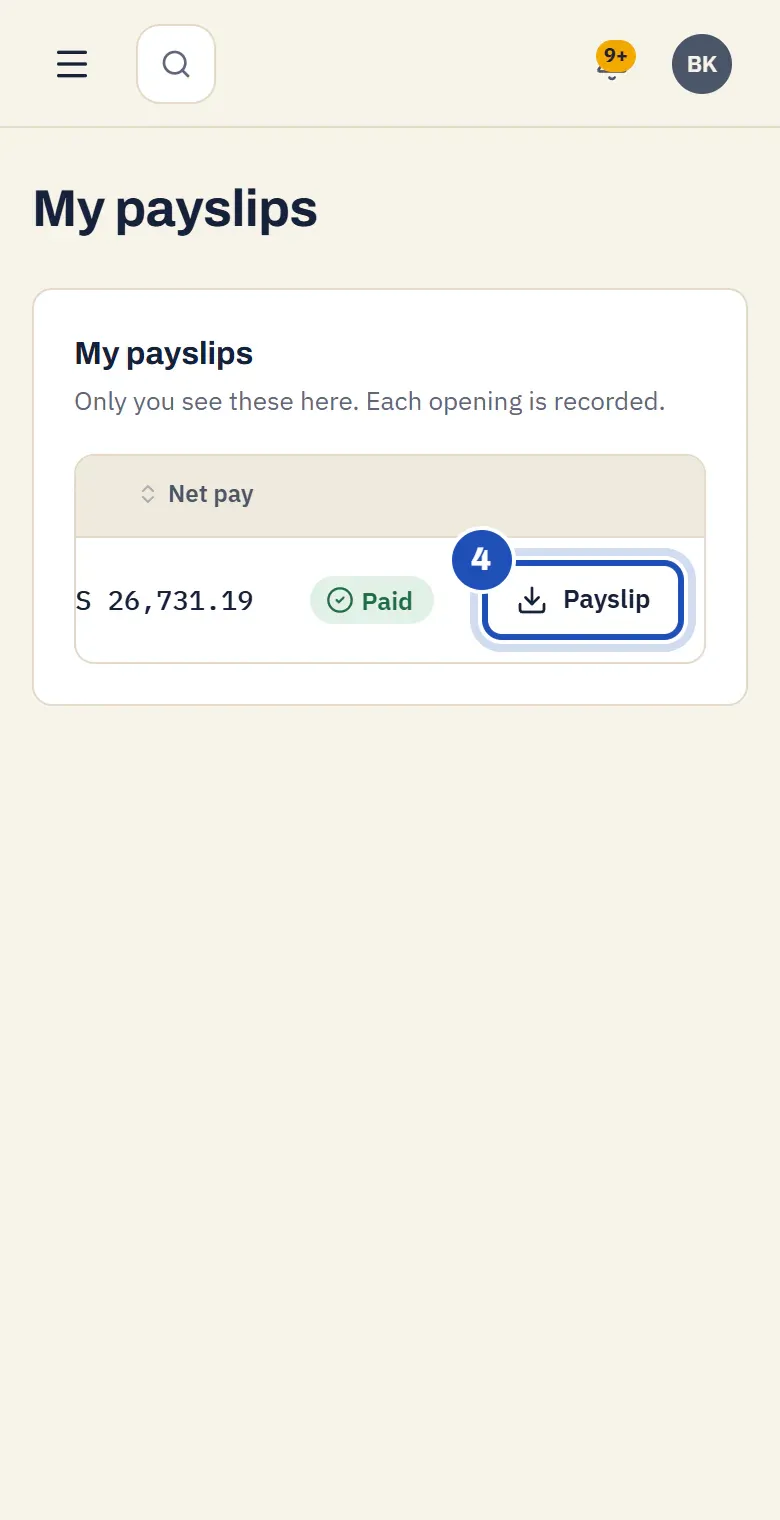 The same line slid across: Paid, and the Payslip button marked 4.