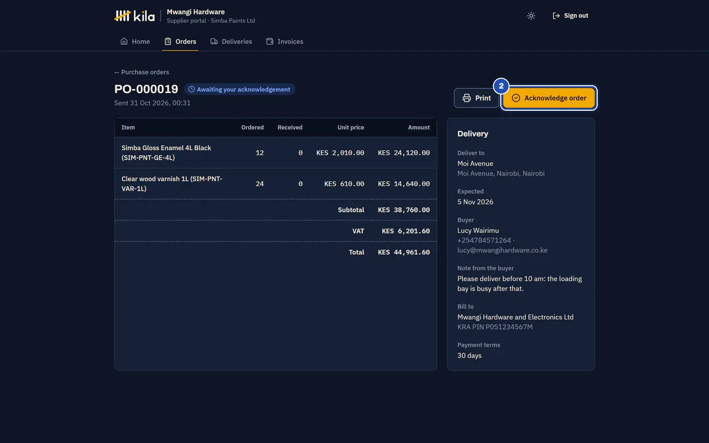 A purchase order from Mwangi Hardware, Awaiting your acknowledgement: the items and total, the delivery details with the buyer's note, and Acknowledge order marked 2.